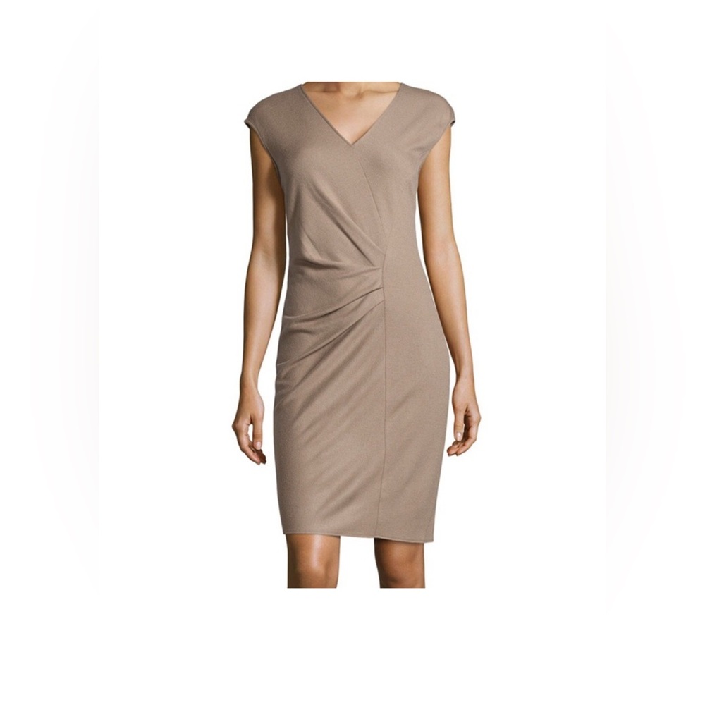 Halston Heritage Little Black Dress Side Ruched 100% Soft Thin Wool Midi Size 10 - Picture 7 of 8